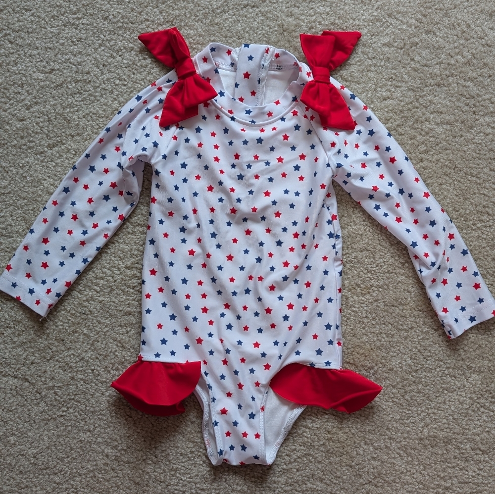 Red and Blue Star Patterned Long Sleeve Bodysuit